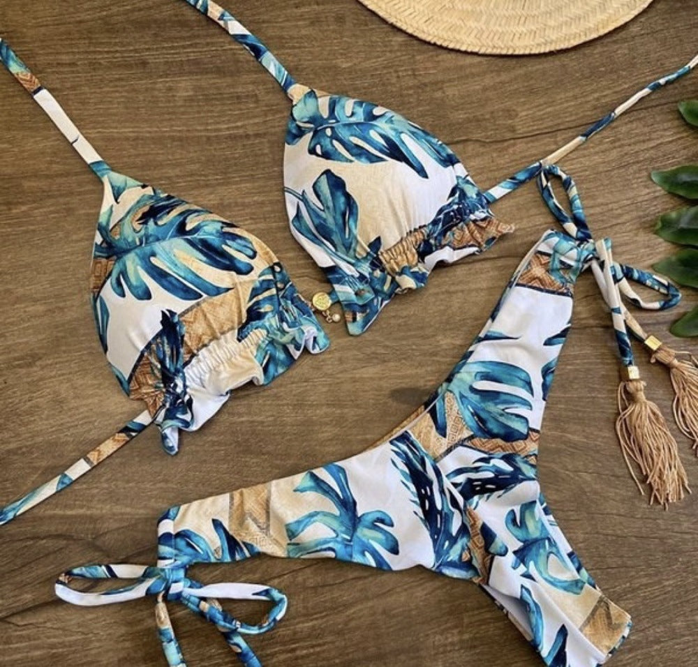 Brazilian Split Ladies Printed Swimsuit With Underwire Chest Pad Sexy Triangle Bikini