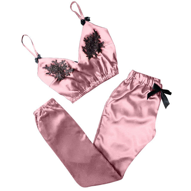 Lace Flower Pajamas Sets Women V-Neck Eyelash Lace Sexy Stain Camisole Pajamas Bowknot Pants Set Femme Sleepwear