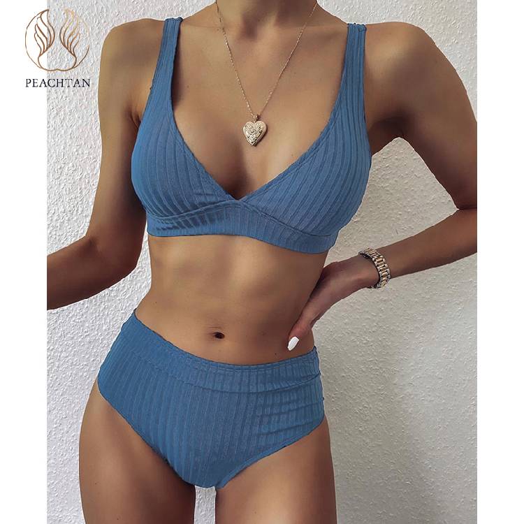 Peachtan solid  bikinis 2021 mujer  waist swimsuit women V neck swimwear female Sport bathing suit Stripe biquini