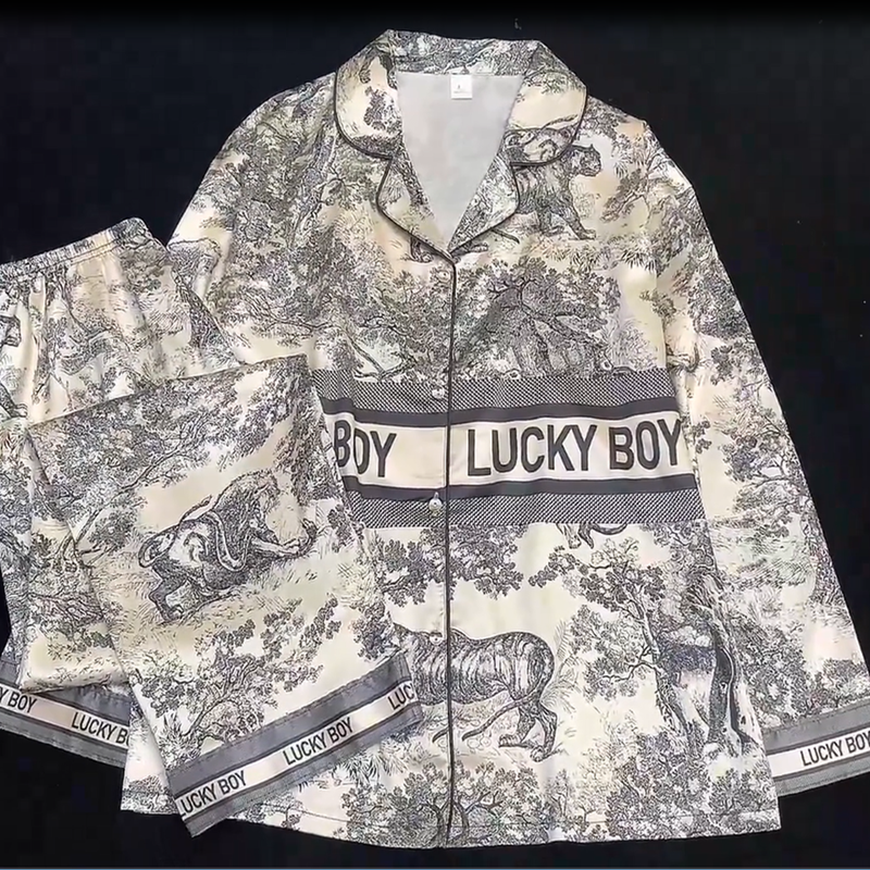 Women's  - textured national style lapel pajamas long-sleeved  silk home service suit