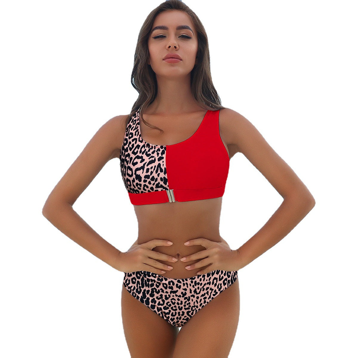 Foreign trade new European and American ladies bikini sexy split leopard print color matching high waist sumai ladies swimsuit