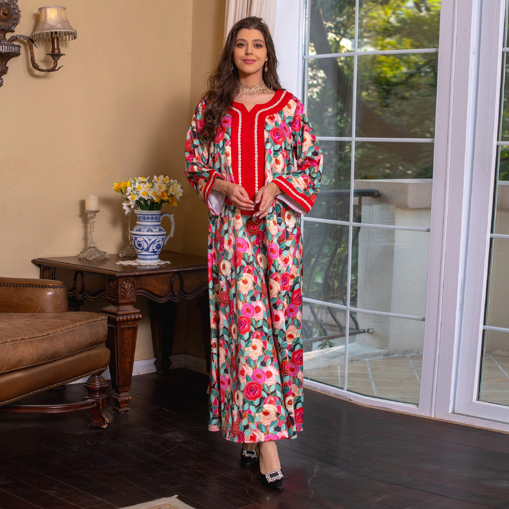 Middle East New Hand  Print Jalabiya Diamond  Robe Arabian Kaftan Saudi Dubai