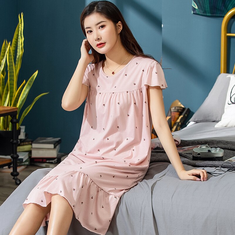 2022 الصيف فستان سهرة الأزهار الصغيرة المرأة ثوب النوم حجم كبير 3XL قمصان النوم قصيرة الأكمام ثوب النوم القطن ملابس خاصة