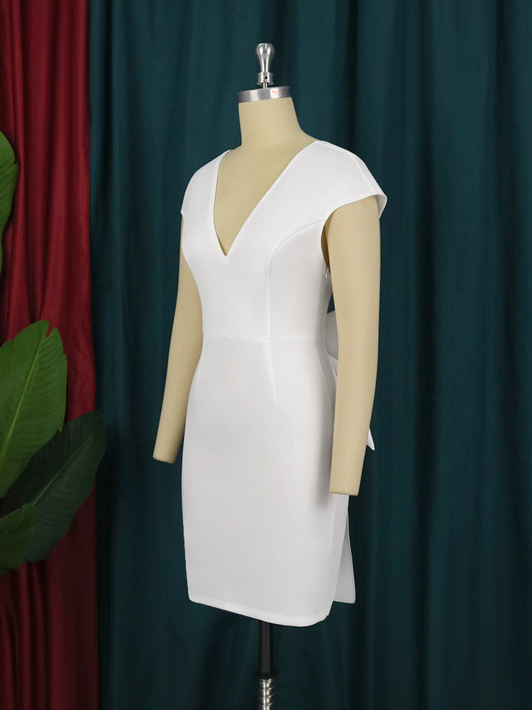Chic Women White Dress Backless Deep V Neck Knee Legnth Bodycon Dress with Bow At Back Elegant Party Birthday Date Night Outfits