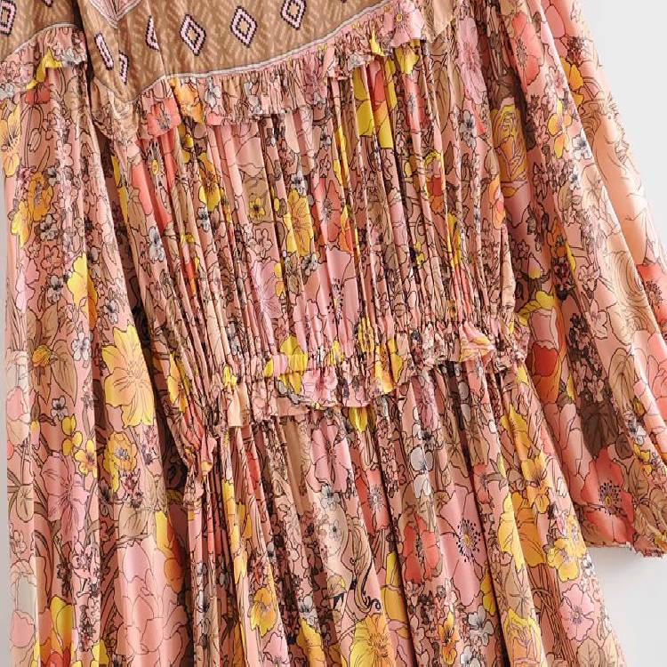 فستان نسائي قصير من Happie Queens مطبوع عليه زهور بأربطة وشرابة للشاطئ بوهيمي فستان قصير للسيدات بياقة على شكل V وكشكشة صيفي بوهو فستان فيستيدوس 