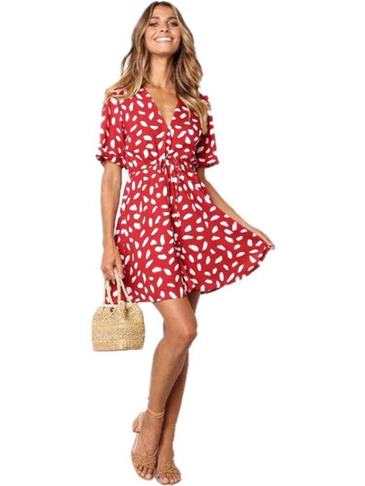 White Sand Spot Mini Summer Dresses Women V Neck Casual Beach Sundress Sexy Botton Wrap Bodycon Dress Female