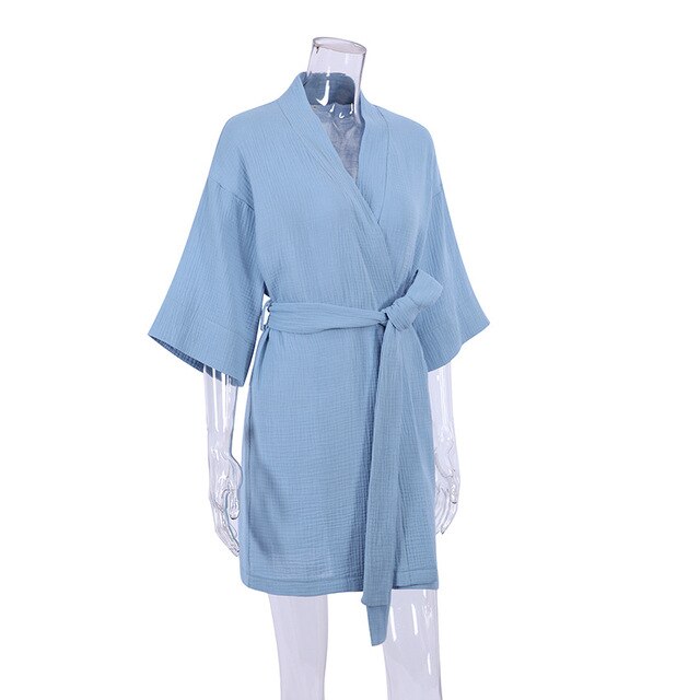 Crape Cotton Robe Women's Nightwear Mini Bathrobes Lace Up Sleepwear Muslin Women'S Home Clothes Solid Color Robes Women Nightie