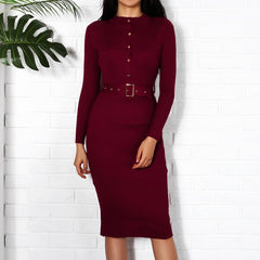 Women Midi Sweater Dress Autumn Winter 2020 New Fashion Button Long Sleeve Pencil Dress Knitted Women Bodycon Dress Black Red