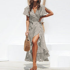 فستان ماكسي صيفي للشاطئ للنساء فستان بوهو طويل من الشيفون مطبوع عليه زهور مكشكش ملفوف غير رسمي بفتحة رقبة على شكل حرف v فستان مثير للحفلات رداء 