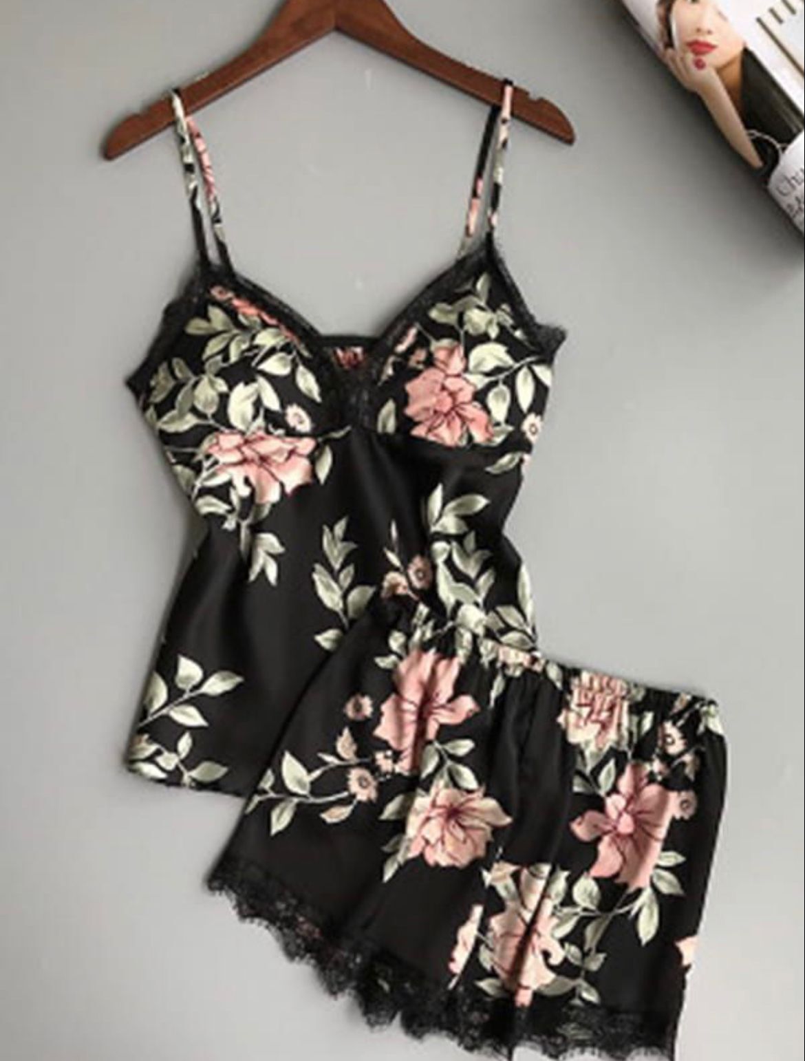 Summer sexy silk plant flower print ladies pajamas  -end