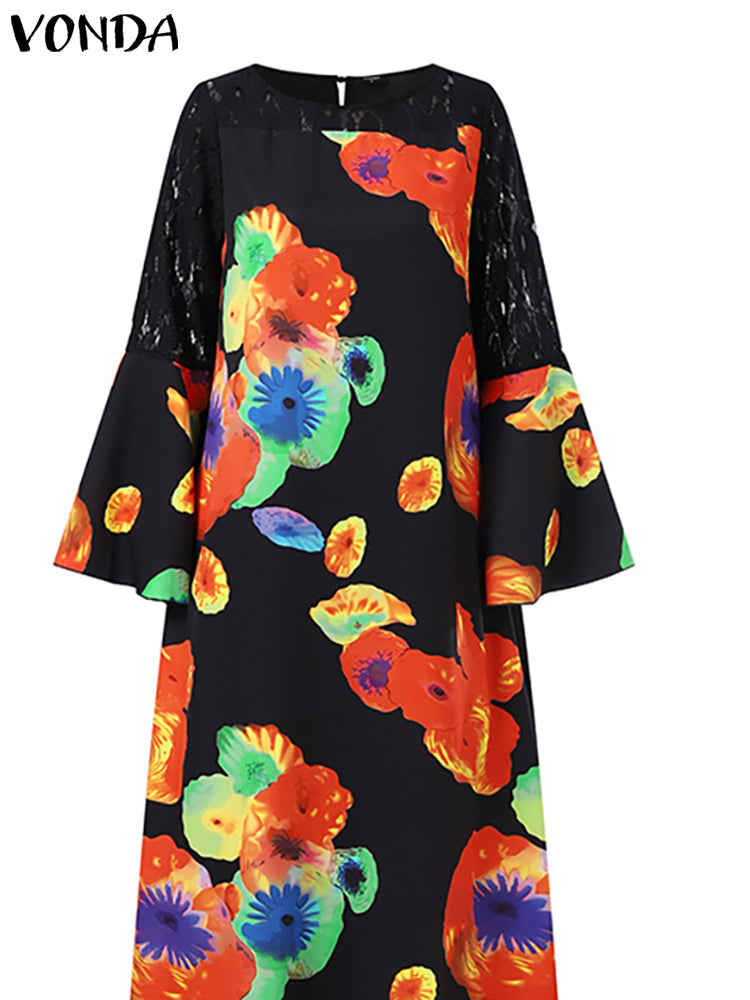 VONDA Elegant Dresses For Women 2022 Random Printed O Neck Long Flared Sleeve Lace A-Line Bohemian Party Casual Summer Plus Size Long Dresses