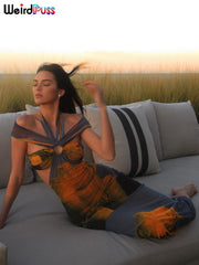 Weird Puss Colorful Print Women Maxi Dress Halter Hollow Sleeveless Slash Neck Elegant Summer Vacation Party Bodycon Vestidos