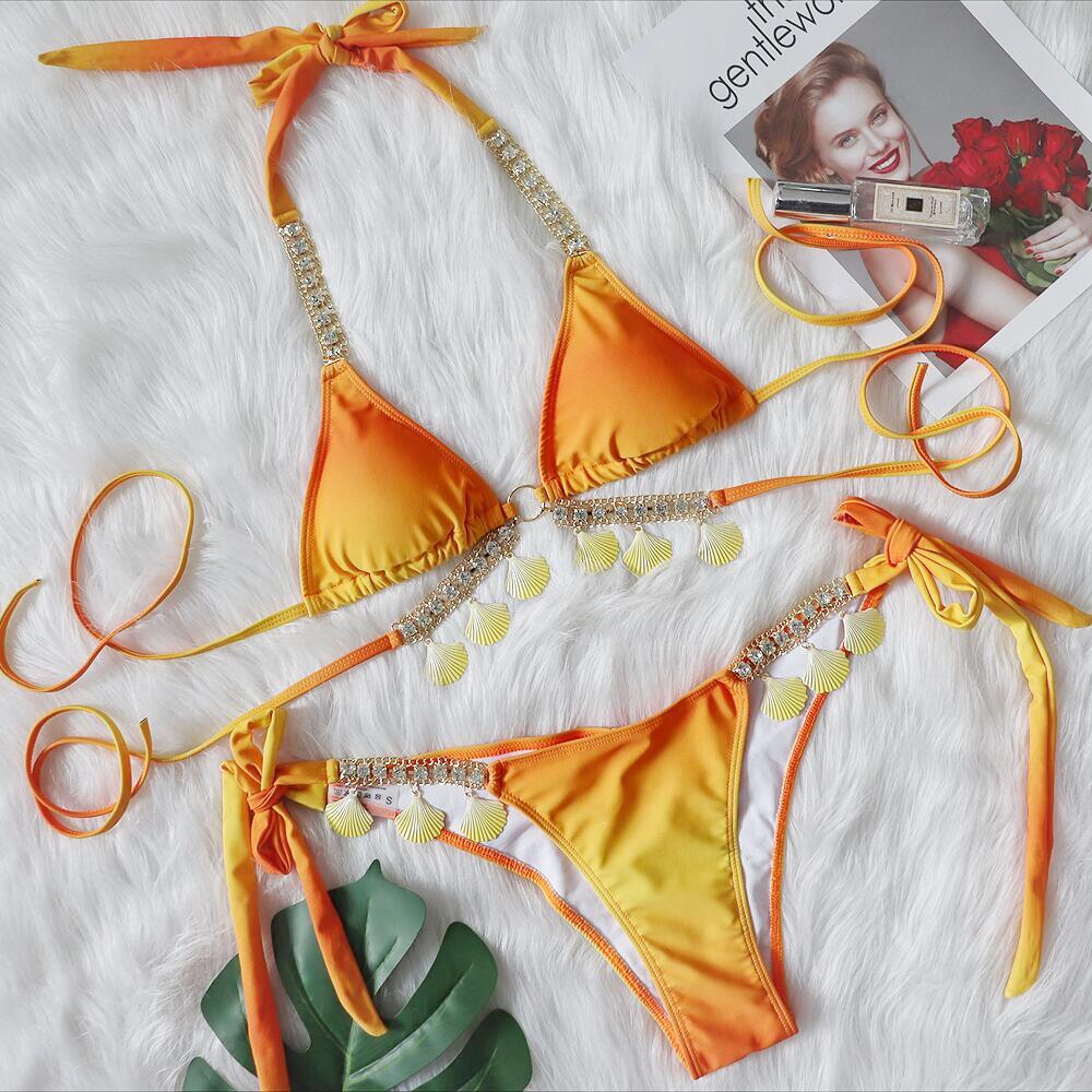 New Sexy Strap Gradient Print Women's Split Swimsuit Luxury Crystal Diamond Bikini Shell Swimsuit
