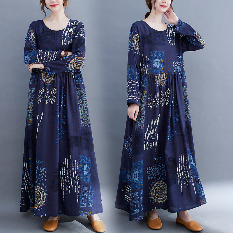 Large size women's clothing 2022 early autumn new literary and artistic large size fat MM plus fertilizer to increase printing long-sleeved dress