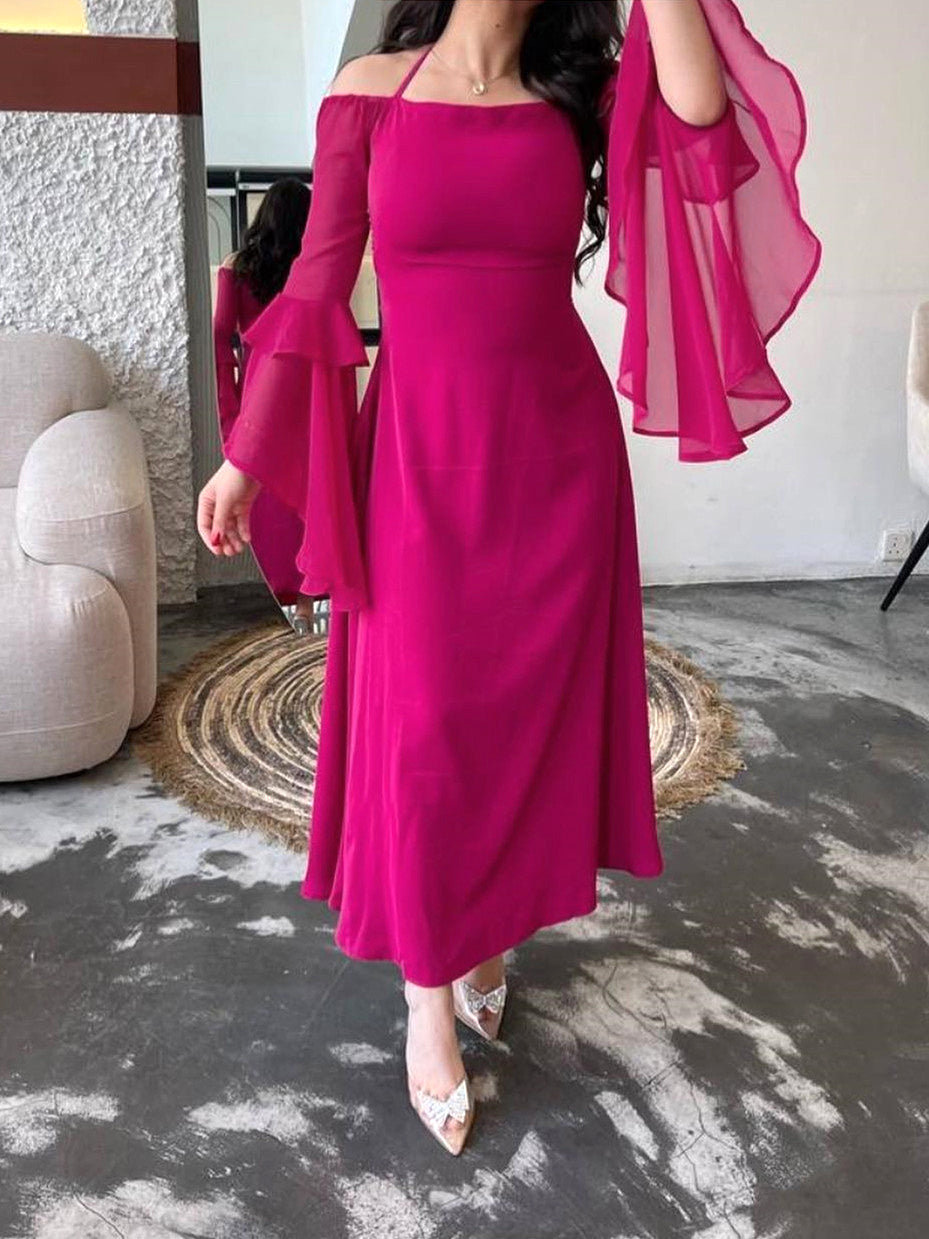 Rose Red Elegant Chiffon Ruffle Sleeve Dress With Strap