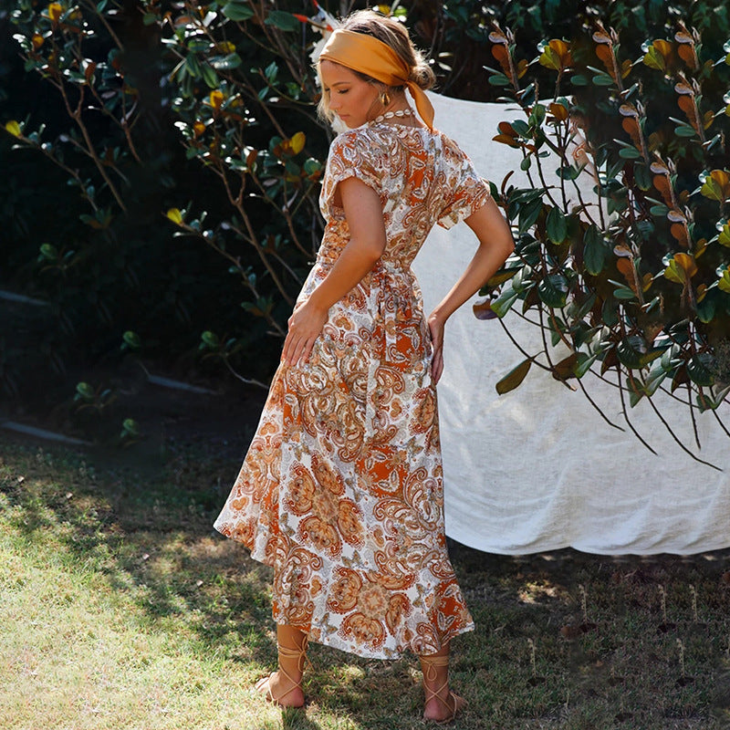 Amazon spring and summer new women's retro print Boho V-neck short-sleeved stitching irregular dress