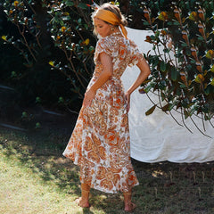 Amazon spring and summer new women's retro print Boho V-neck short-sleeved stitching irregular dress