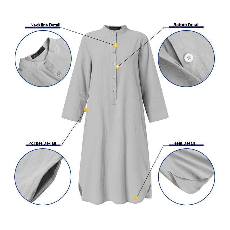 ZANZEA ladies Japanese and Korean style solid color simple temperament half placket pocket slit fashion loose daily casual mid-length shirt dress