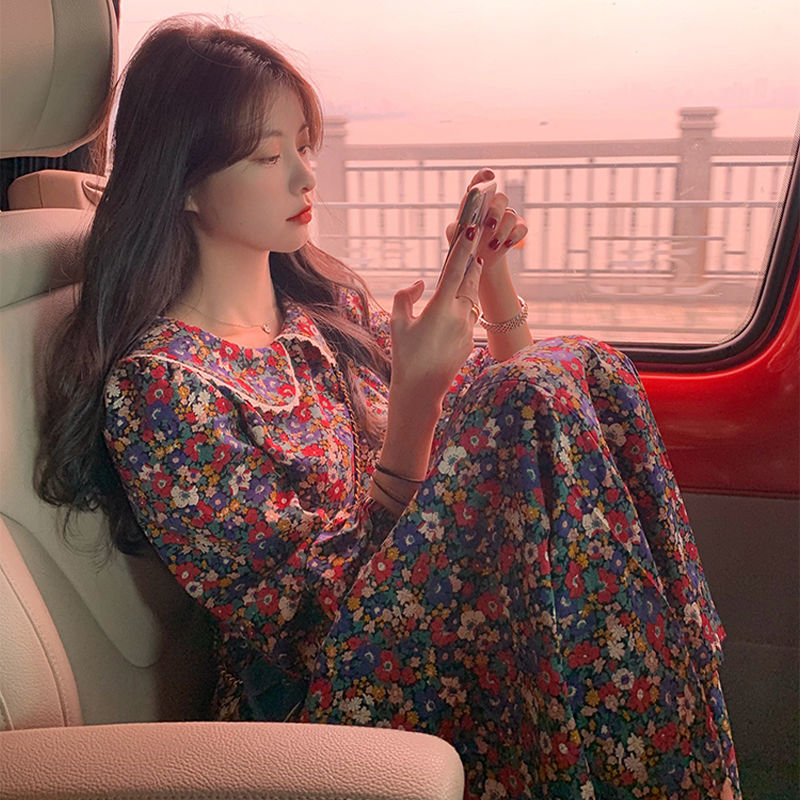 Long-sleeved retro printed dress women's full-court sweet Peter Pan collar elegant women's  students full-court aesthetic autumn