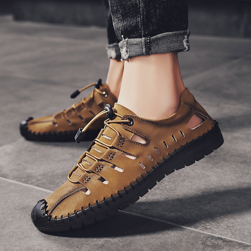 Dad shoes sandals leather shoes men's leather shoes black waterproof shoes summer hollow leather shoes men's casual outdoor hiking sandals