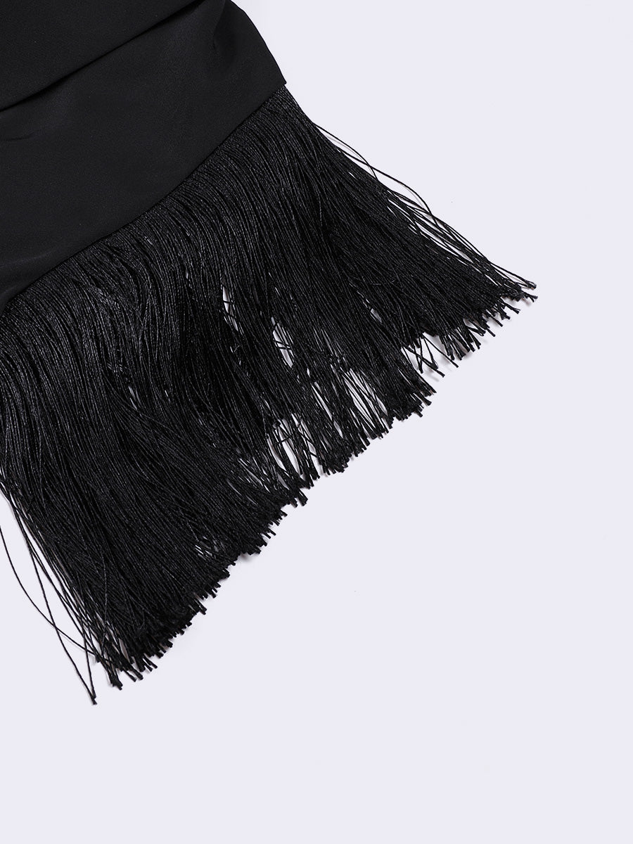 Black Elegant Satin V-Neck Fringed Hem Dress