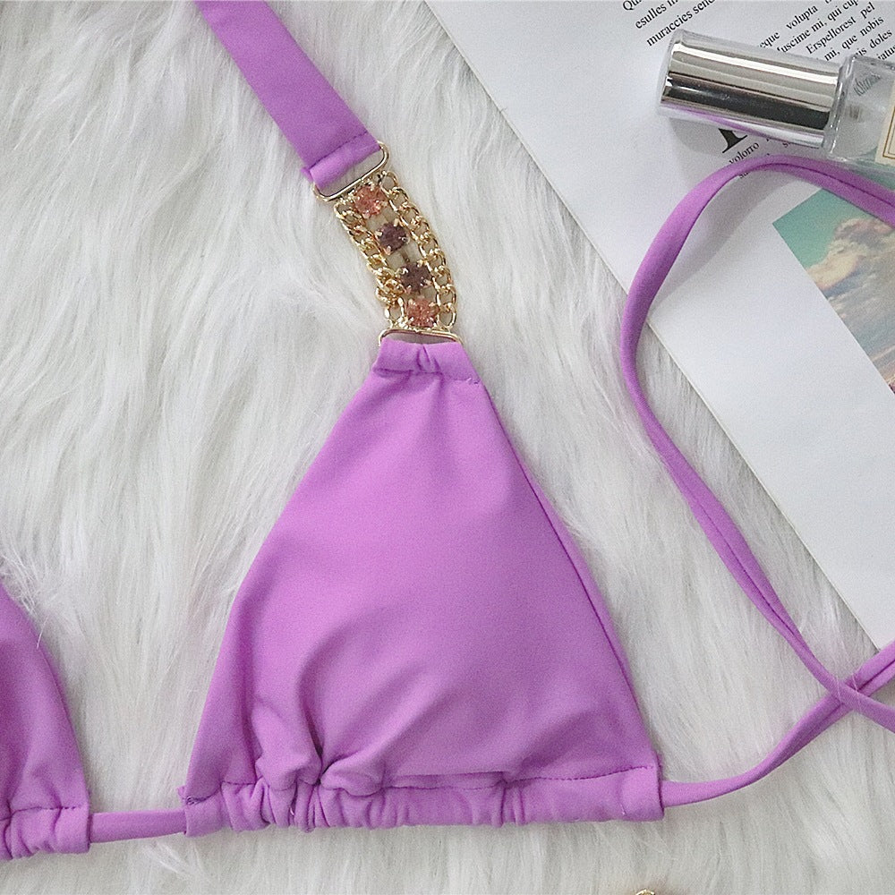 Europe and the United States 2022 new sexy metal accessories rhinestone solid color bikini women's split swimsuit strappy swimsuit wholesale