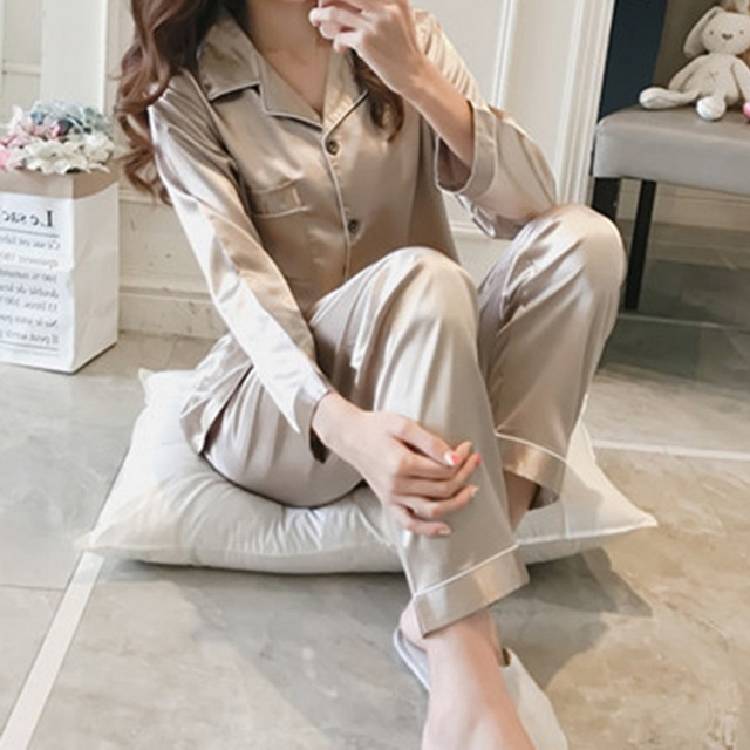 2PCS Pajamas Sets Women Lapel  Silk Long Sleeve Home Wear Ladies Mujer Satin Tops+Pants Nightgown Sleepwear Autumn