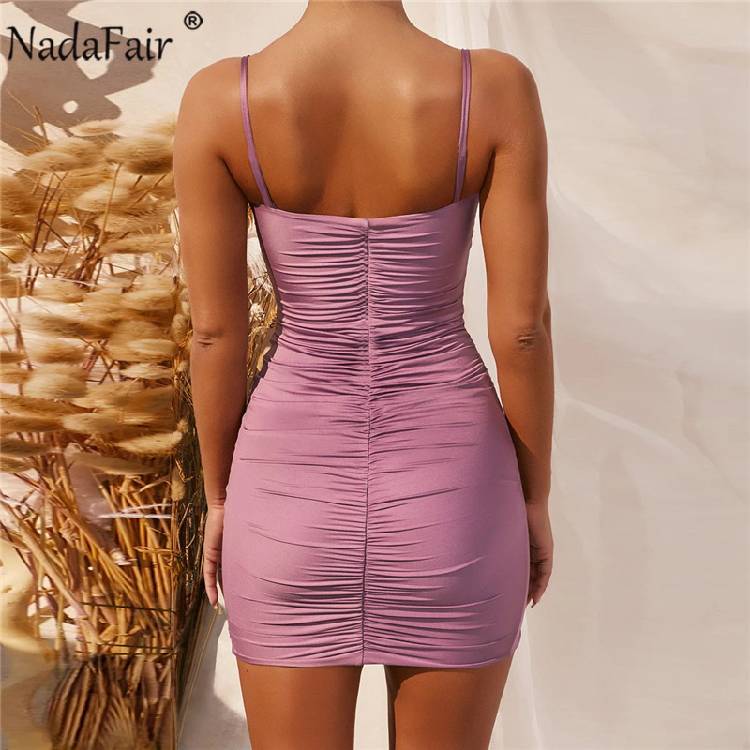 Nadafair Ruched Sleeveless Women's Dress Club Party Night Spaghetti Strap Backless Solid Mini Wrap Bodycon Summer Dress