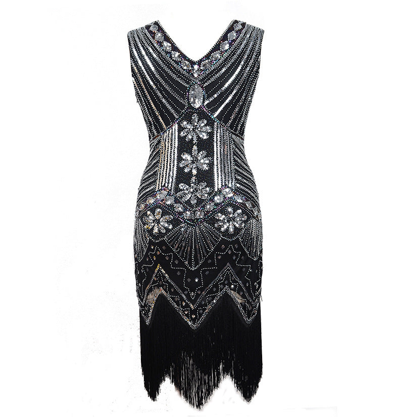 Hot selling new retro style sequined beaded dress front and back V-neck fashion fringe dress