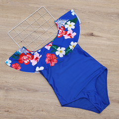 Plus size bikini swimsuit European and American big ruffles one-shoulder  print swimsuit
