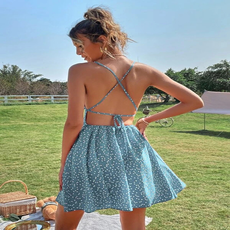 فستان صيفي جديد مطبوع النثار القلب المطبوع عبر الدانتيل فستان بدون ظهر مطبوعة بوهو فستان الشاطئ فستان الصيف 