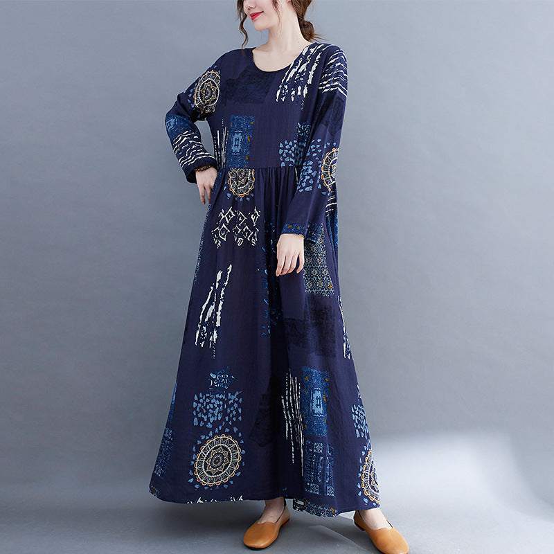 Large size women's clothing 2022 early autumn new literary and artistic large size fat MM plus fertilizer to increase printing long-sleeved dress