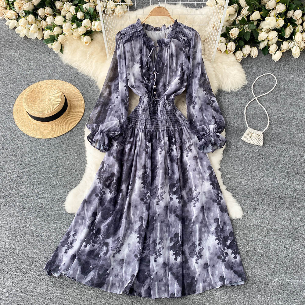 Celebrities' high-end women's clothing elegant printed French dress with slim waist and puff sleeves super  big  long skirt