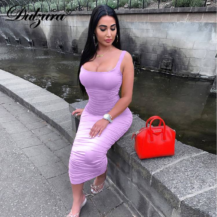 Dulzura ruched women midi shirt dress bodycon sleeveless elegant party backless streetwear 2020 spring summer clothes club