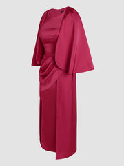 Rose Red Elegant Waisted Asymmetric Slit Dress