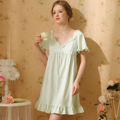 Nightgown Women's Summer Short Sleeve Net Red  Desire Court Style Sexy Chest Pad Cute Thin Pajama Dress