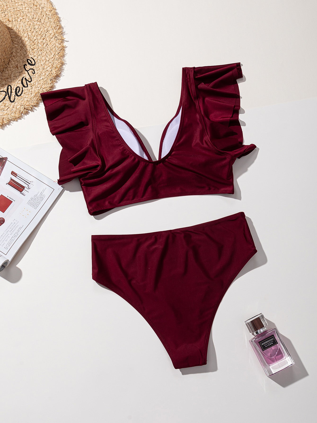 ملابس سباحة بكيني من قطعتين بخصر عالٍ، 9 ألوان مكشكشة