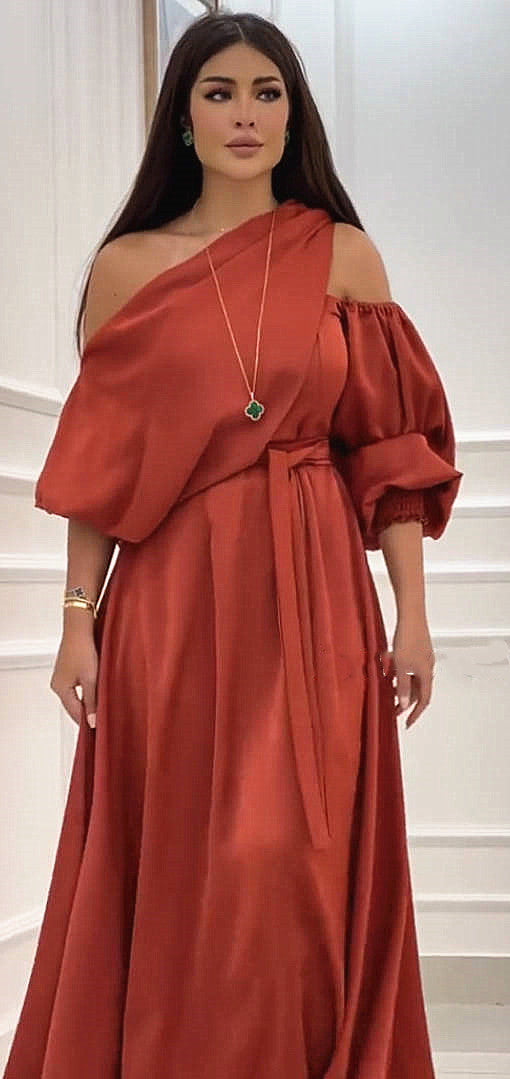 Elegant Diamond Red Orange Satin Nipped Waist A  Dress