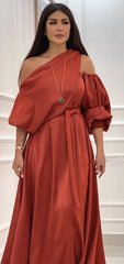 Elegant Diamond Red Orange Satin Nipped Waist A  Dress