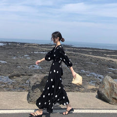Boho New Summer Maxi Dress Clothes Vintage Slim French Retro Hepburn Wind Black Polka Dot Long Robe Korean Style Fashion