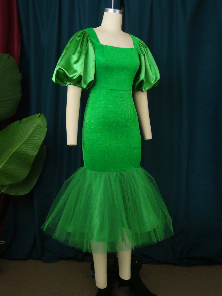 AOMEI Green Dress Bodycon Patchwork Mesh Party Mermaid Women Slim Short Lantern Sleeve Square Collar Elegant High Waist Event
