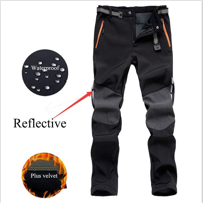 Reflective Men's Winter Hiking Pants Men Warm Fleece Softshell Trousers Outdoor Sports Thick Trekking Skiing Waterproof Pants