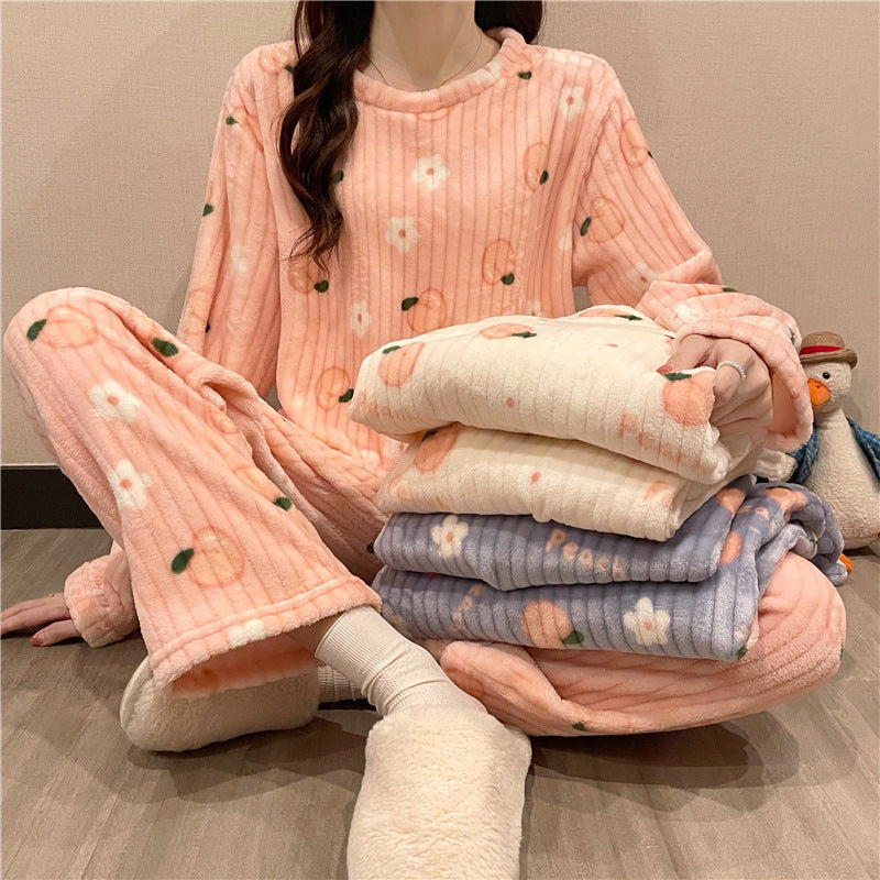 Coral velvet pajamas for women  winter sweet cute long sleeve velvet thickened spring and autumn Flannel housewear suit