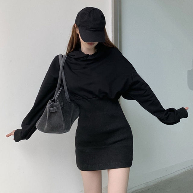 Long sleeve dress women's sexy Korean hot sale Bodycon thickened winter women's basic fashionable clothes Black mini party street guard