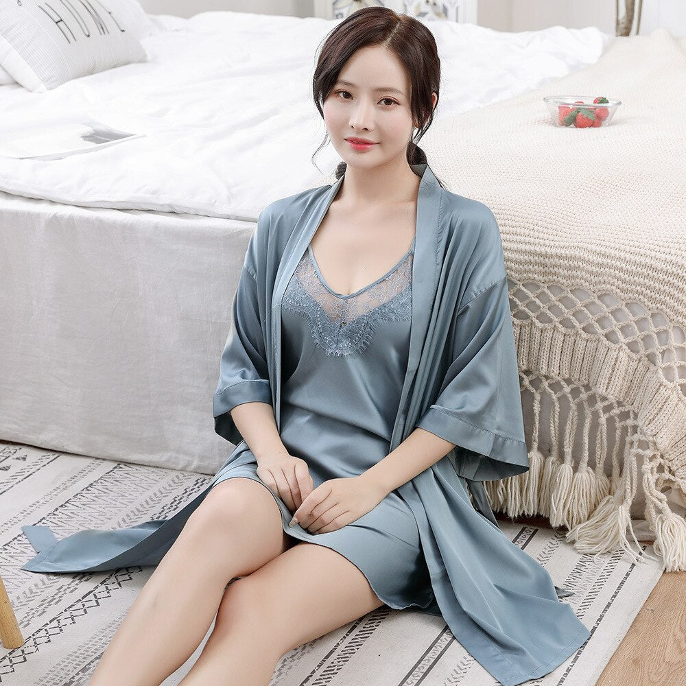 L-U-K Lady Sexy Nightdress 3/Pcs Satin Silk Pajamas Back Lace Sleepwear Comfortable Home Night Dress Woman V Neck Nightgown