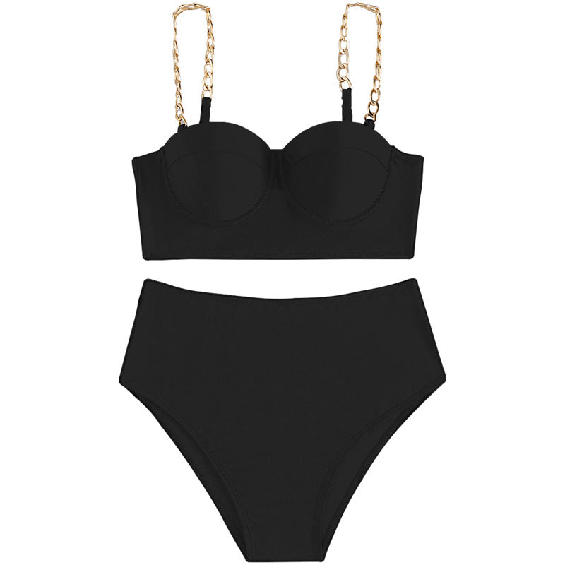 New solid color European and American bikini swimsuit sexy split high waist belly bikini swimsuit women