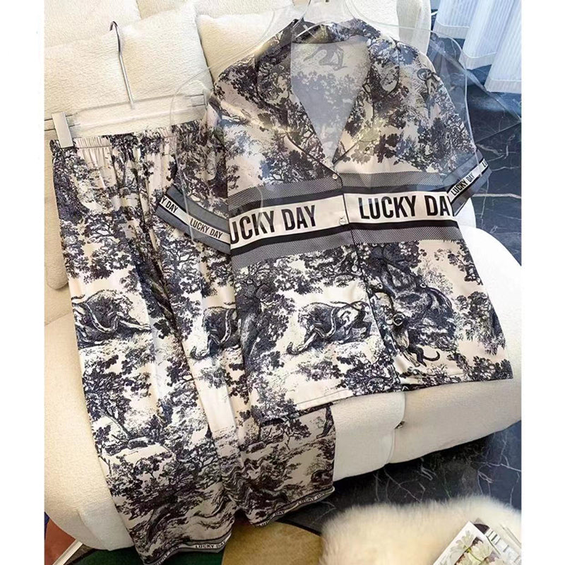 Pajamas summer short-sleeved trousers ice and snow silk ink painting suit ice silk  large size home clothes