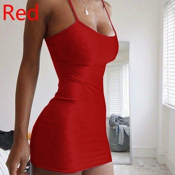 Spaghetti Strap Camisole Mini Dress Women Bodycon Vestidos Summer Sexy Low Cut Sleeveless Solid Color Party Club Dress