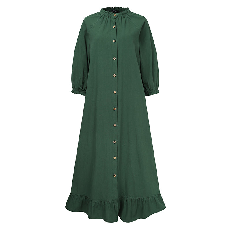ZANZEA ladies European and American style  color simple temperament wood ear stitching stand collar button three-quarter sleeves lotus  hem fashionable  casual mid-length dress large size