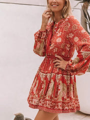 فستان نسائي قصير بنمط بوهو مطبوع عليه زهور فستان كاجوال برقبة دائرية وأكمام طويلة فستان على شكل حرف A للسيدات بأزرار للحفلات 